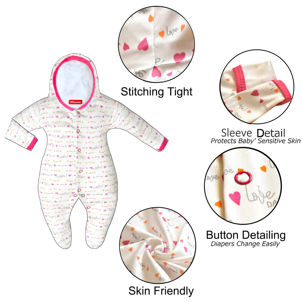 VParents Zoey Hooded Full Sleeve Cotton Baby Footies Sleepsuit Rompers for Baby Boys and Baby Girls Pack of 2