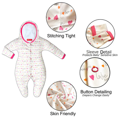 VParents Zoey Hooded Full Sleeve Cotton Baby Footies Sleepsuit Rompers for Baby Boys and Baby Girls Pack of 2