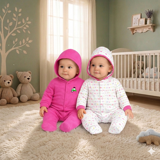 VParents Zoey Hooded Full Sleeve Cotton Baby Footies Sleepsuit Rompers for Baby Boys and Baby Girls Pack of 2