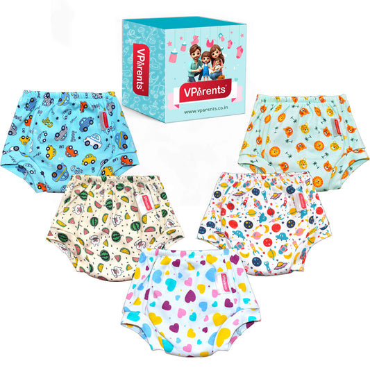 VParents Padded Underwear for Babies and Toddlers with 3 Layers of Cotton Padding Potty Training  Pull Up & Diaper-Free Time Pack of 5 (car, lion, fruit, galaxy & heart)