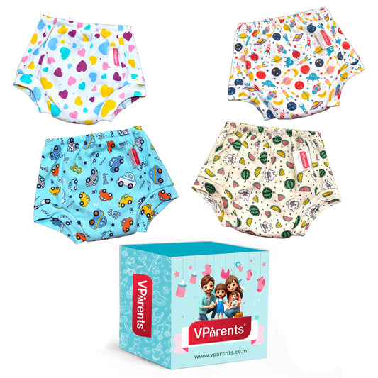 VParents Padded Underwear for Babies and Toddlers with 3 Layers of Cotton Padding Potty Training  Pull Up & Diaper-Free Time Pack of 4 (lion, car, heart & galaxy)