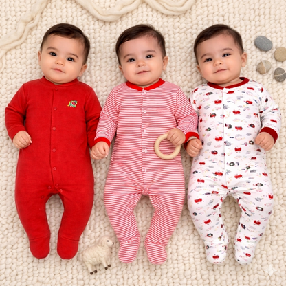 VParents Aqua  Full Length Printed Baby Footies Sleepsuit Romper Pack of 3