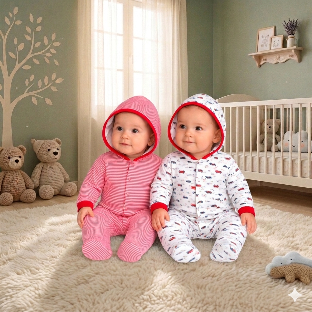 VParents Zoey Hooded Full Sleeve Cotton Baby Footies Sleepsuit Rompers for Baby Boys and Baby Girls Pack of 2