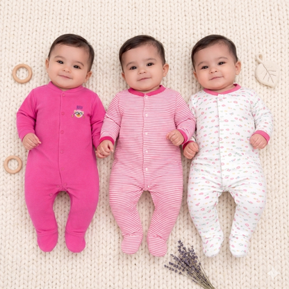 VParents Aqua  Full Length Printed Baby Footies Sleepsuit Romper Pack of 3