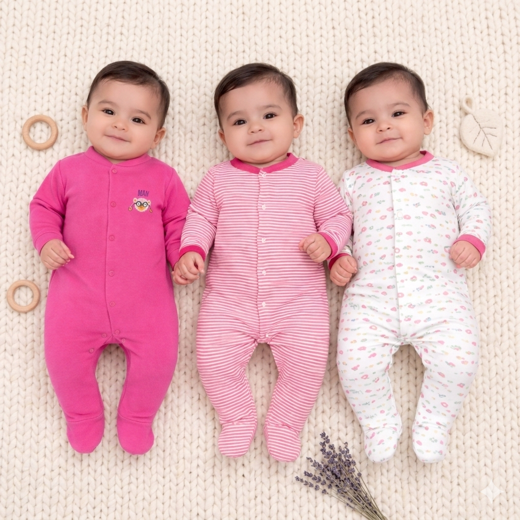 VParents Aqua  Full Length Printed Baby Footies Sleepsuit Romper Pack of 3