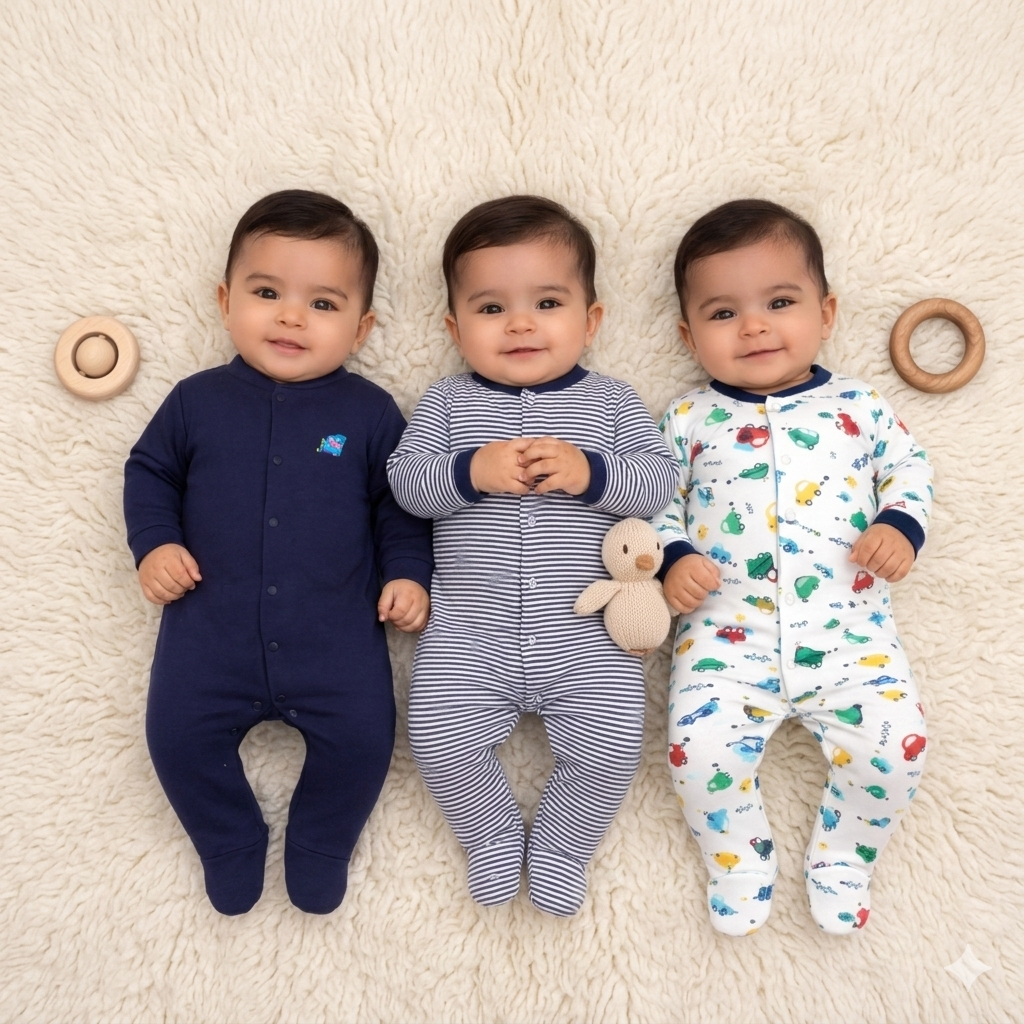 VParents Aqua  Full Length Printed Baby Footies Sleepsuit Romper Pack of 3