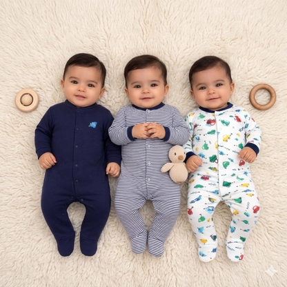 VParents Aqua  Full Length Printed Baby Footies Sleepsuit Romper Pack of 3