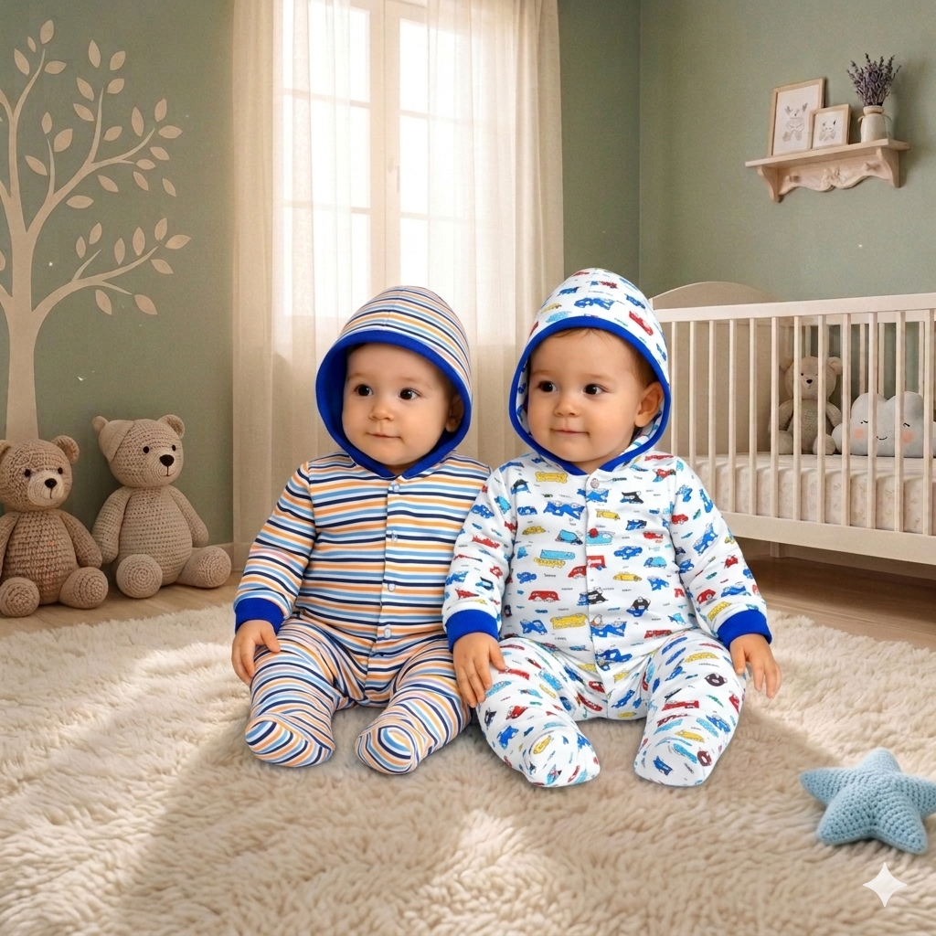 VParents Zoey Hooded Full Sleeve Cotton Baby Footies Sleepsuit Rompers for Baby Boys and Baby Girls Pack of 2