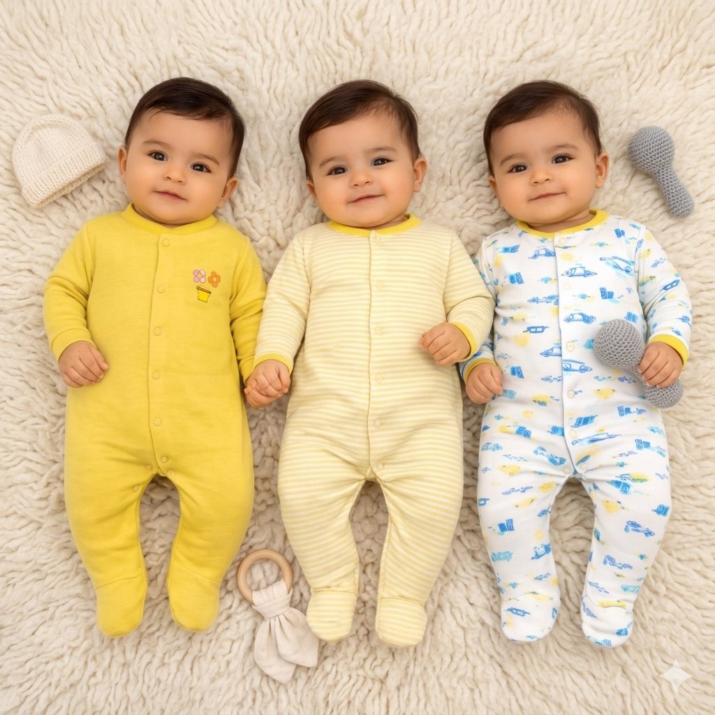 VParents Aqua  Full Length Printed Baby Footies Sleepsuit Romper Pack of 3