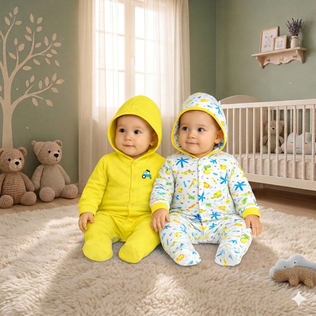VParents Zoey Hooded Full Sleeve Cotton Baby Footies Sleepsuit Rompers for Baby Boys and Baby Girls Pack of 2